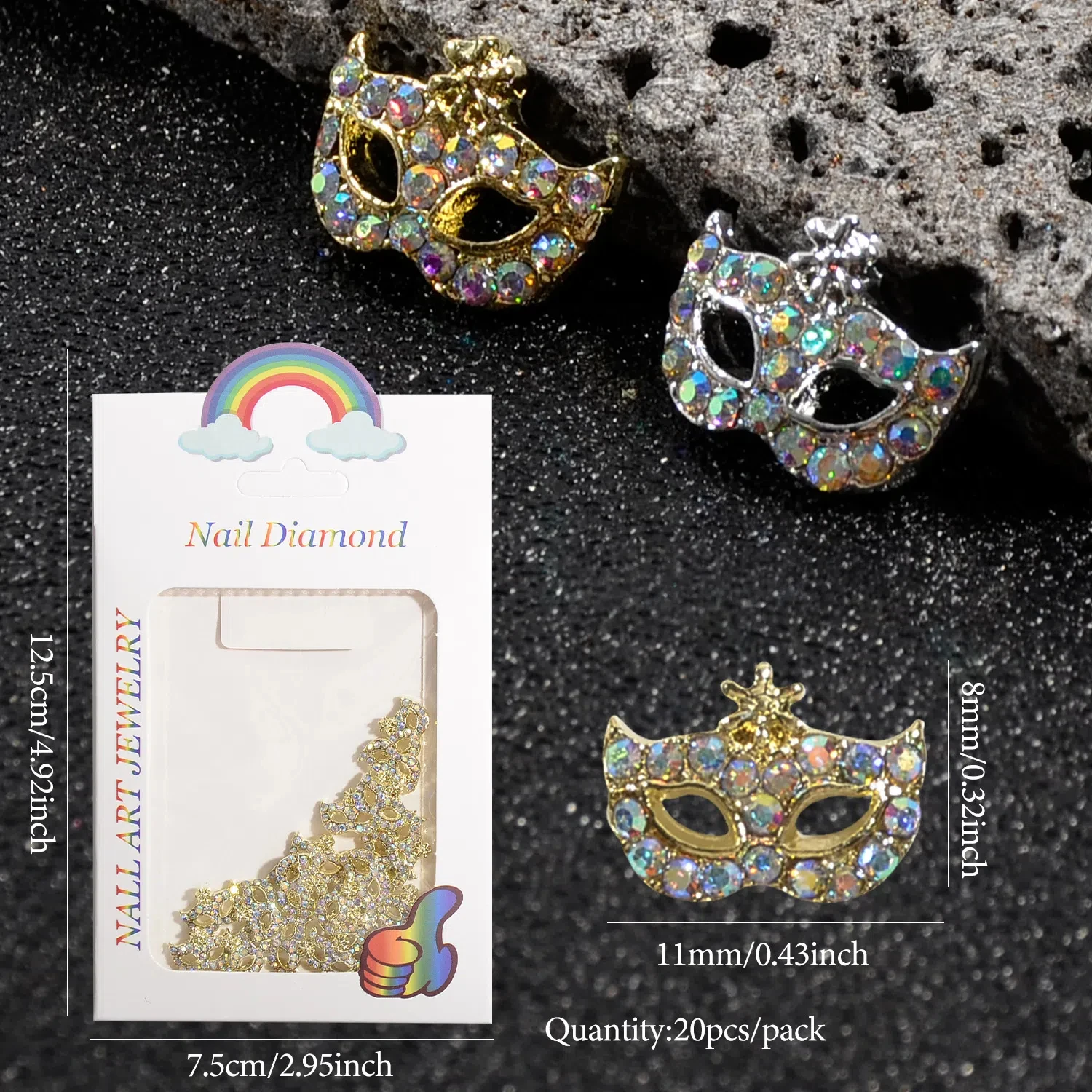 20Pcs New - Style Alloy Rhinestone - Embellished Mask Nail Charms Ins Style Bling Mask & Fox  crown - shaped Nail Accessories