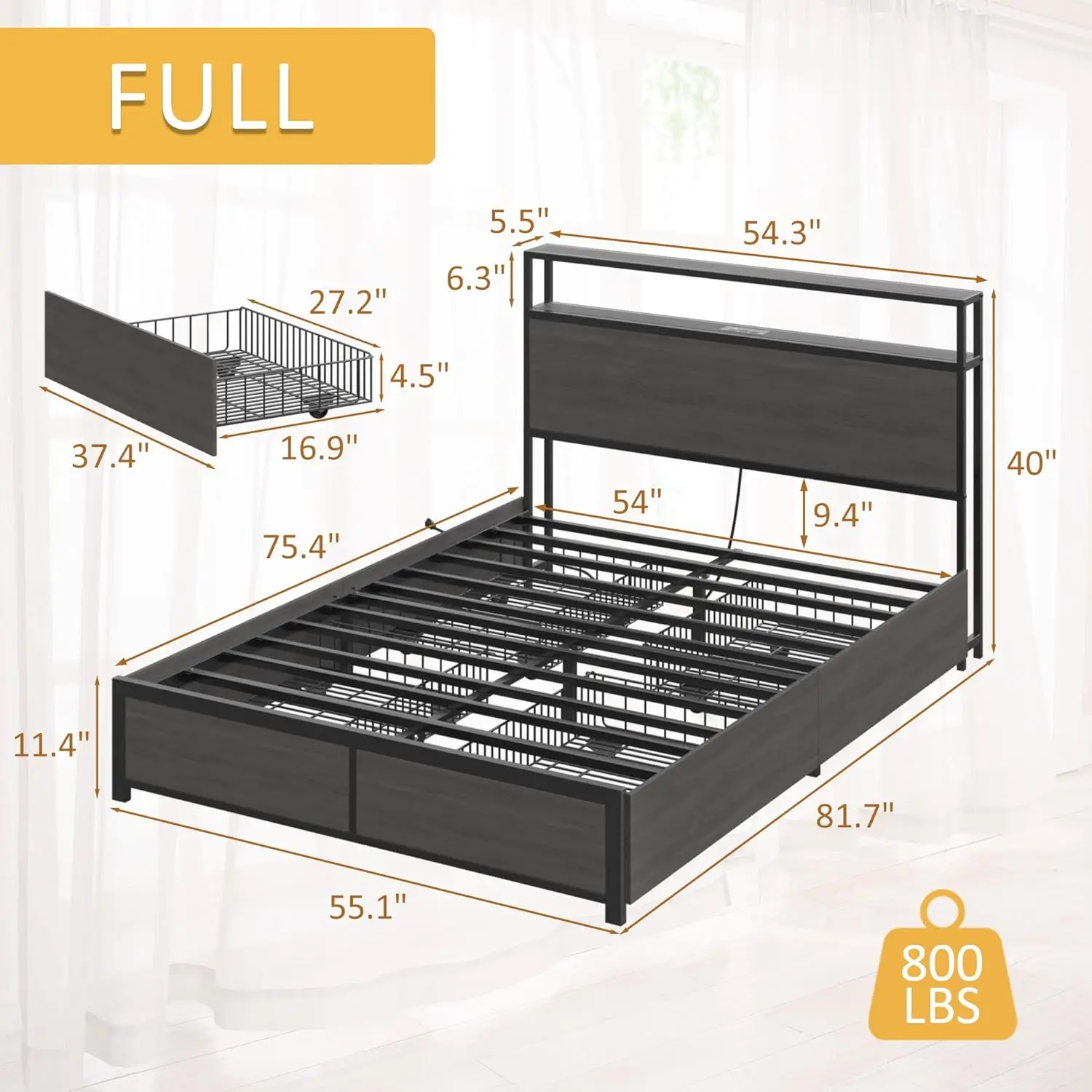 Metal platform bed frame with 2 layers of storage headboard and 4 storage drawers, no noise/box spring required, gray