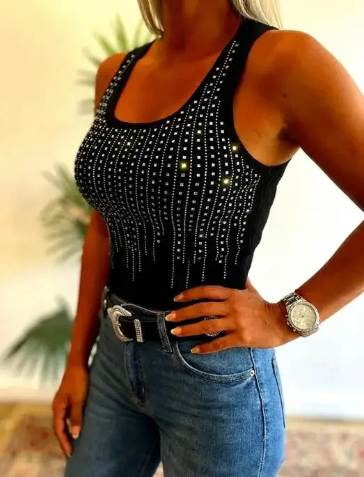 

Women Sleeveless T-Shirt Female Casual Sexy Rhinestone Decor U-Neck Tee 2026 Summer New Fashion Slim Backless Ribbed Tank Top
