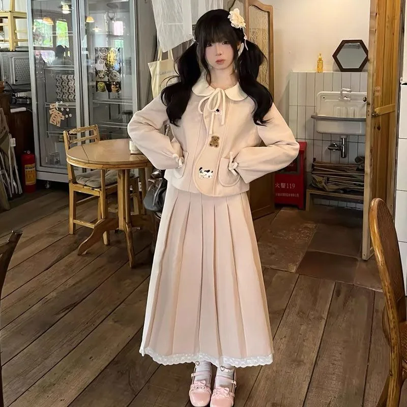 

Harajuku Vintage Sweet Bow Pink Coat Women+ Autumn Winter Fashion Mid-length Ruched A-line Skirts 2025 New Two Piece Sets
