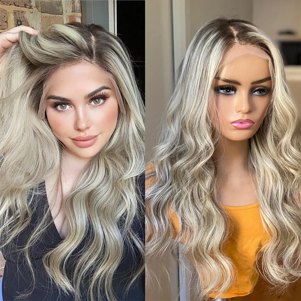 

Ash Blonde Balayage Highlight Full Lace Wigs Dark Roots 13X6 Transparent HD Lace 180% Virgin Human Hair Lace Front Wig for Women