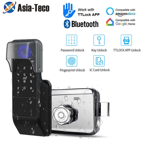 TTLock 지문 스마트 도어락, 야외 게이트 블루투스 비밀번호, 13.56MHz IC 카드 데드볼트 잠금, 기계식 키, IP65 방수