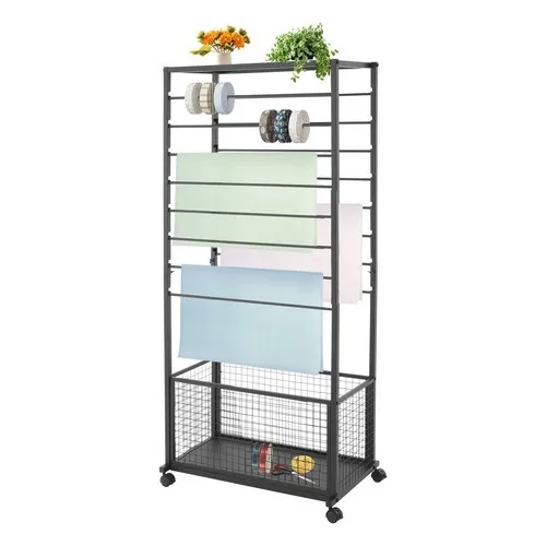 

Double Sided 16 Tier Ribbon Organizer Rack with Wheels Black Metal Rolling Ribbon Holder for Florist Craft Room