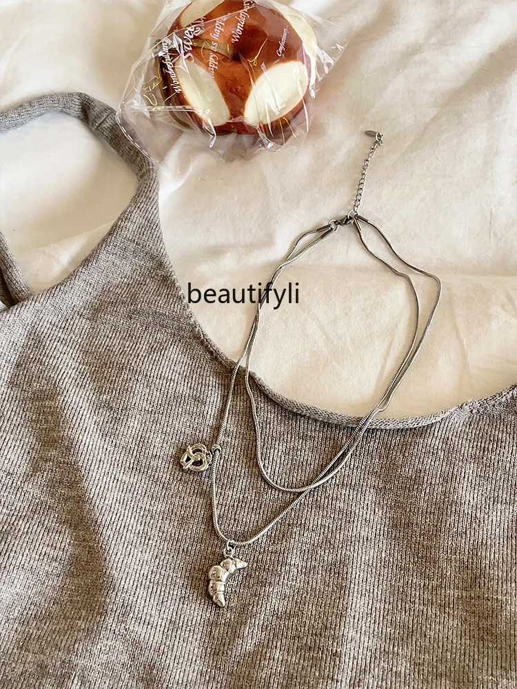 

French Style Croissant Double Layer Twin Snake Bones Chain Necklace Female Niche Light Necklace Elegant High Sense Accessories