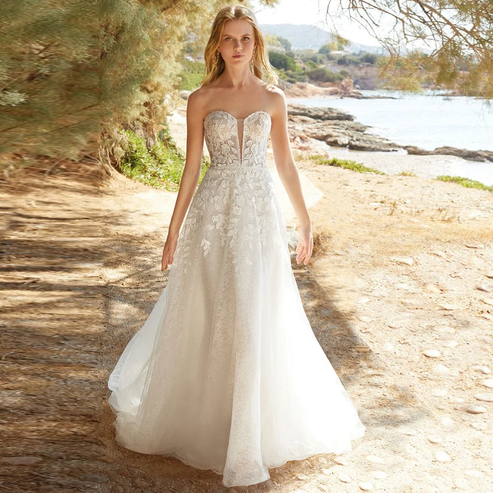 Gaun Pengantin Lengan Bahu Terbuka Kustom Gaun Pengantin Tanpa Tali A Line Gaun Pengantin Applique Renda Ritsleting Belakang Gaun Pengantin Baru