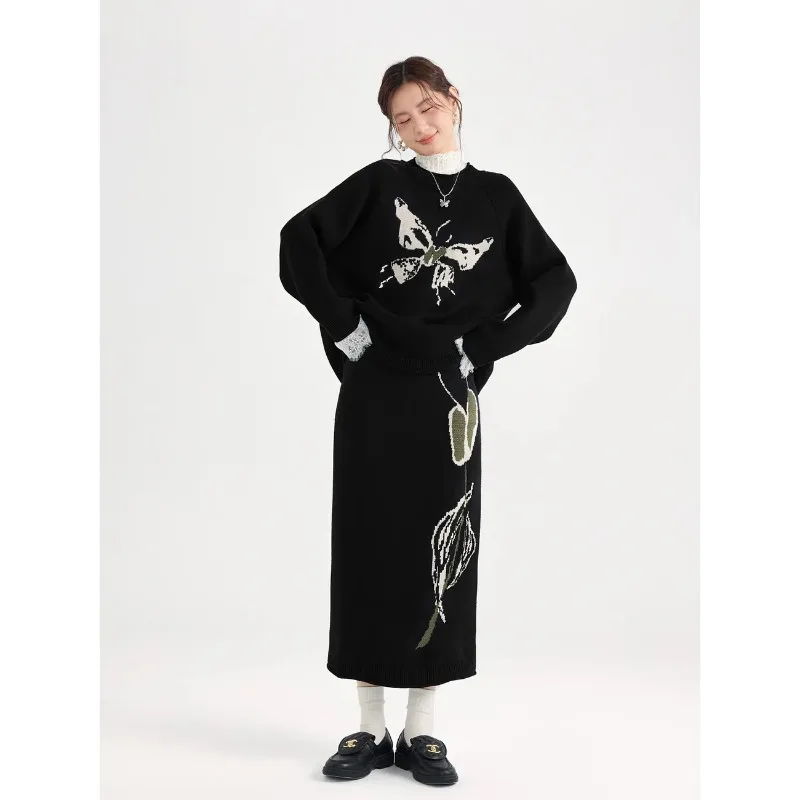 Women Plus Size  Floral Knit Two Piece Set Long Sleeve Sweater Midi Skirt Outfit Autumn Winter