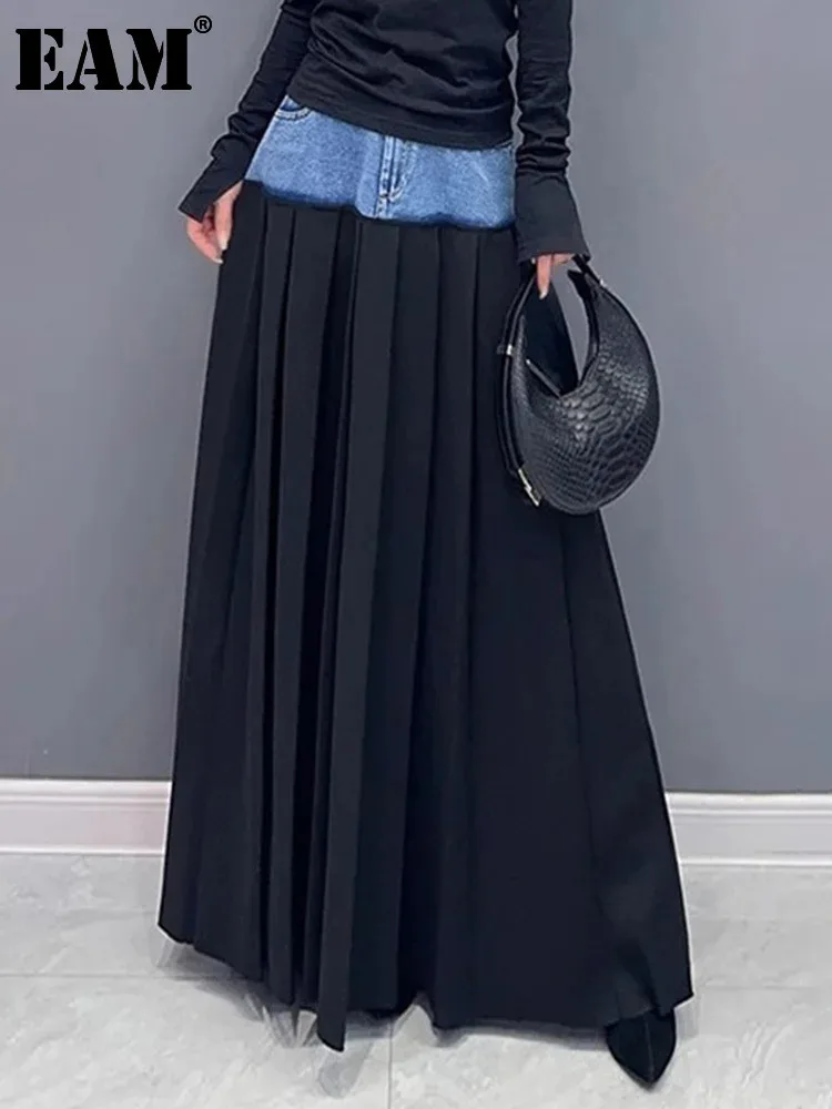 [EAM] High Elastic Waist Blue Color-block Denim Pleated A-line Half-body Skirt Women Fashion Tide New Spring Autumn 2025 1DH2576