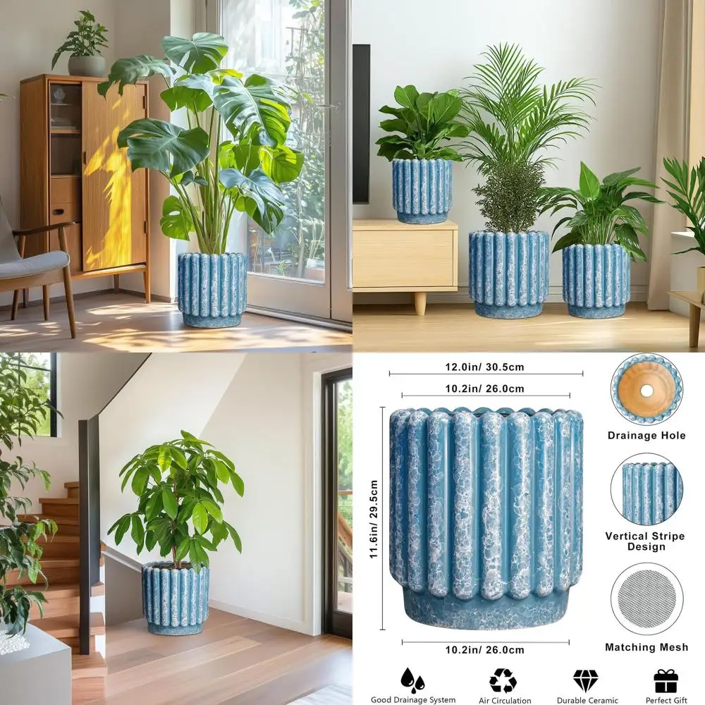 

12 Inch Round Decorative Blue Ceramic Planter with Drainage for Indoor & Outdoor Plants, Ideal for Home and Office Decor
