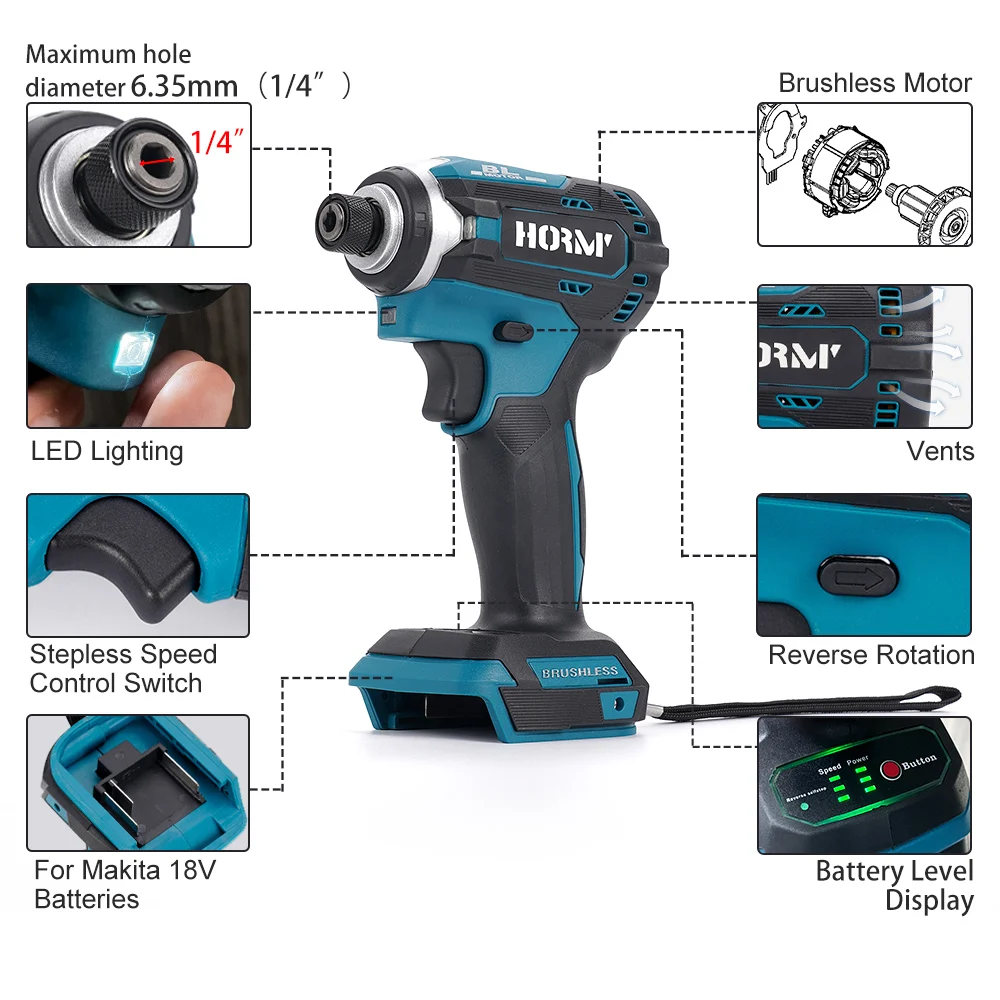 Chave de fenda elétrica sem escova, 18v, chave de impacto sem fio, 1/4 polegadas, 3 velocidades, ferramenta elétrica led para bateria makita 180n.m