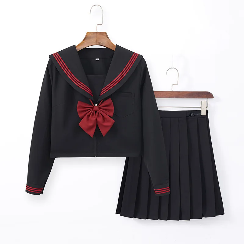Set uniforme scolastica giapponese nera con abito da marinaio a maniche lunghe, gonna morbida da sorella, motivo floreale, completo da studente