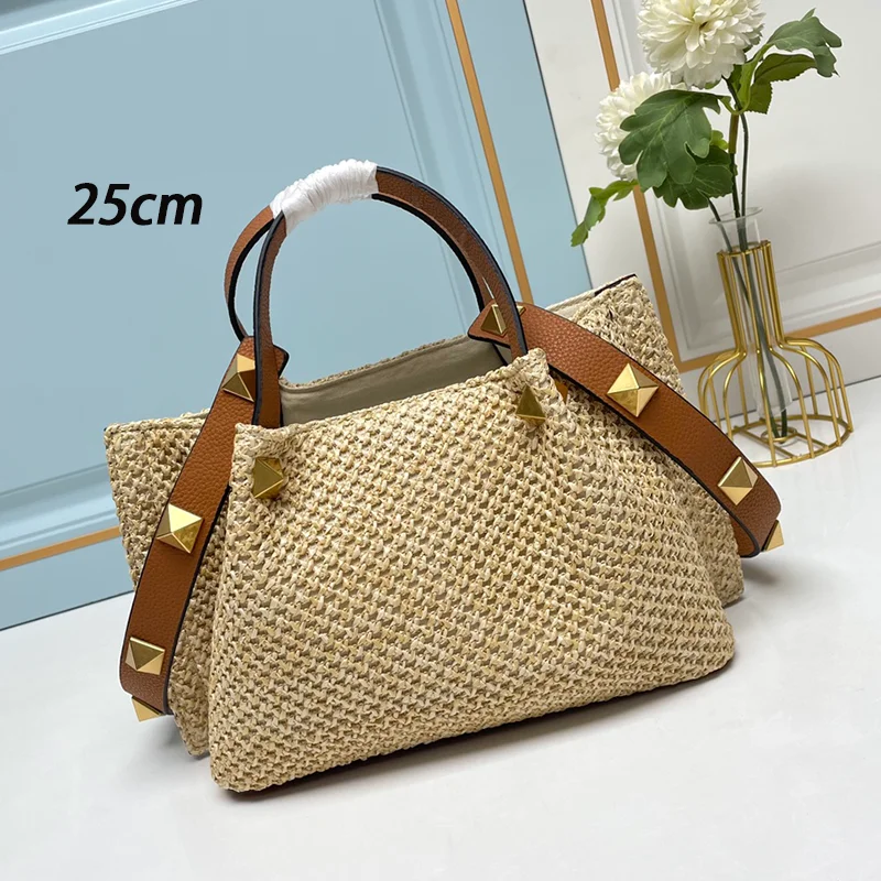 2024 New Spring/Summer Tote Bag High Quality Natural Grass Woven Foreskin Leather Handle Shoulder Strap Handheld Shoulder Bag