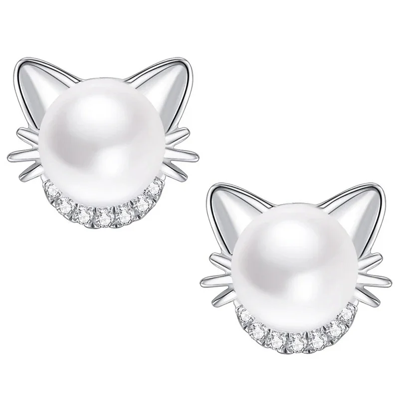 Huitan Cute Cat Imitation Pearl Stud Earrings with CZ Exquisite Girl Ear Piercing Earrings Fancy Birthday Gift Statement Jewelry