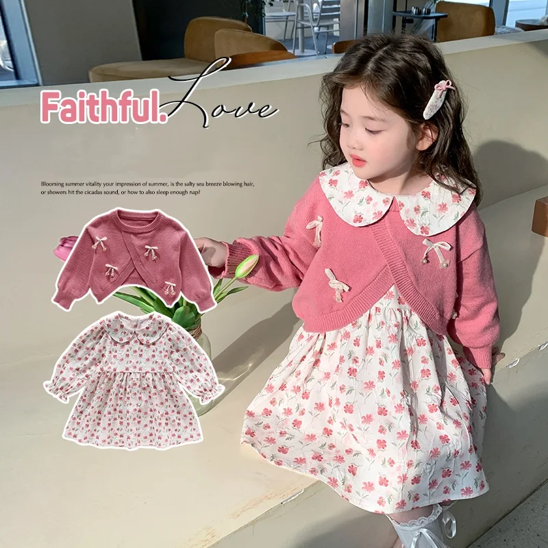 

Girl Clothes Set Size 2-9Y Kids Cardigan+Dress Suits Child Coat Top+Floral Dresses Bottom Clothing Set Toddle Casual Dress Suit