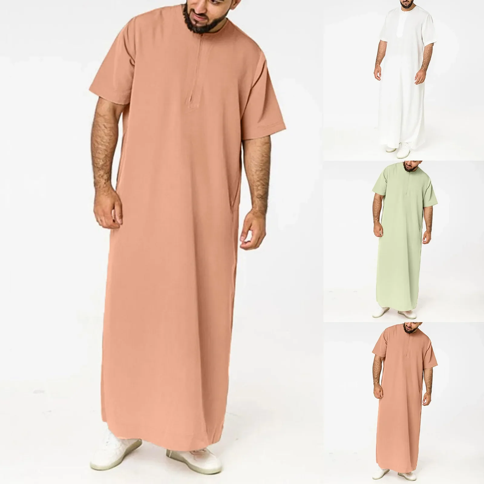 Mens Arab Muslim Long Robe Shirt Casual Loose Long Sleeves Male Pocket Kaftan Robe Cotton Linen Button Plain Robes Plus Size