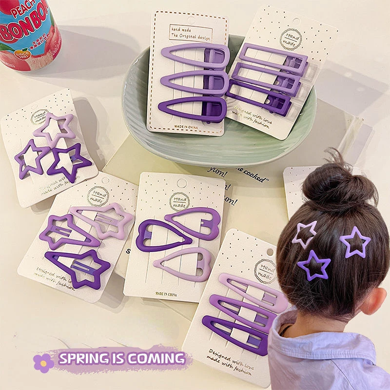 3pcs Children Purple Hair Clip Geometry Star Heart Ornament Hair Clips Baby Girls Sweet Barrettes Hairpins Kids Hair Accessories