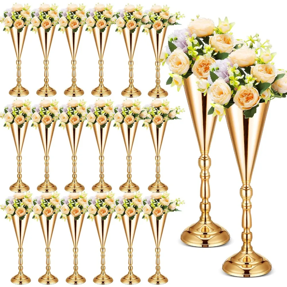 Unittype 20 Pcs 16.5 Inches Tall Gold Vase Centerpiece Wedding Metal Flower Arrangement Stand Trumpet Vase Tabletop Stand