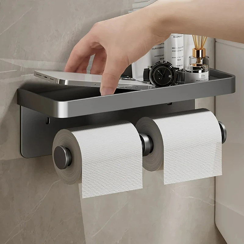 No-Drill Aluminum Alloy Toilet Paper Holder with Storage Tray Wall-Mounted WC Roll Paper Holder Phone Shelf Bathroom Accessories