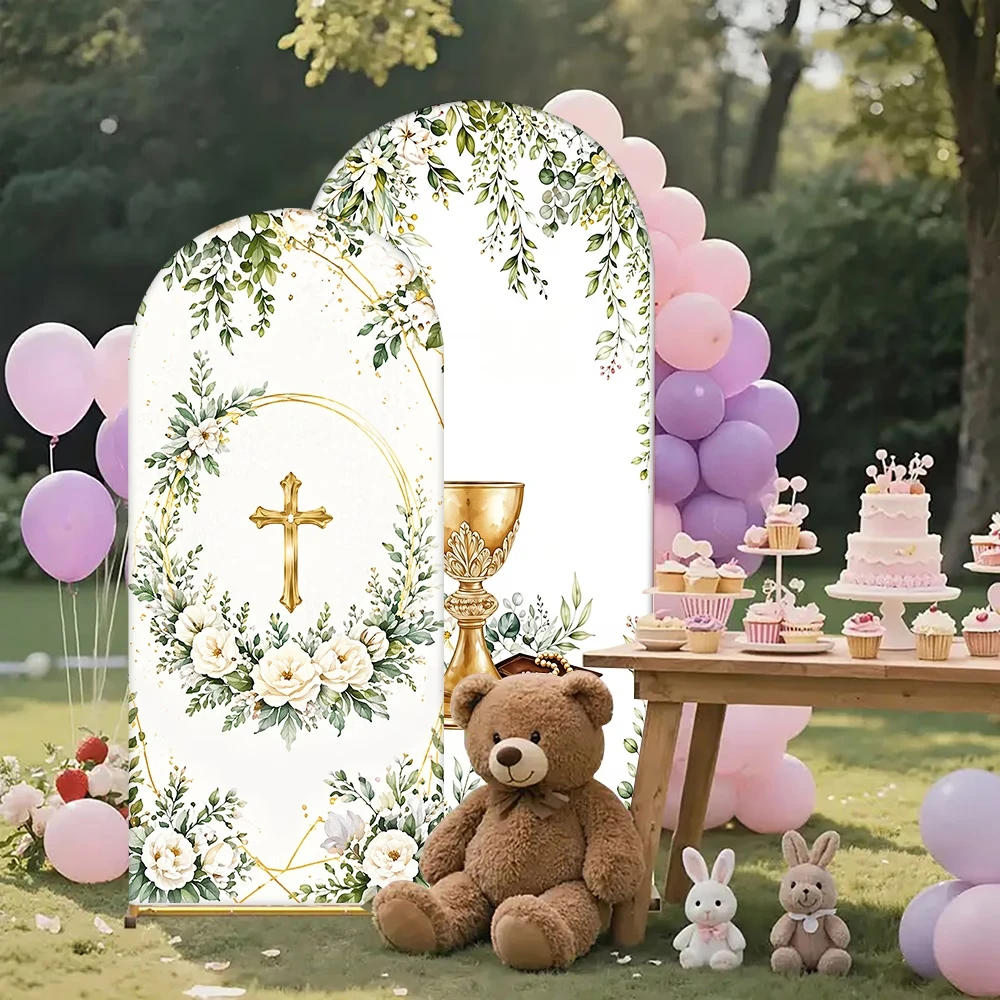 Holy Communion Party Chiara Arch Backdrop Cover Cross Chalice Greenery Floral My Baptism Background Photo Shoot Decorations