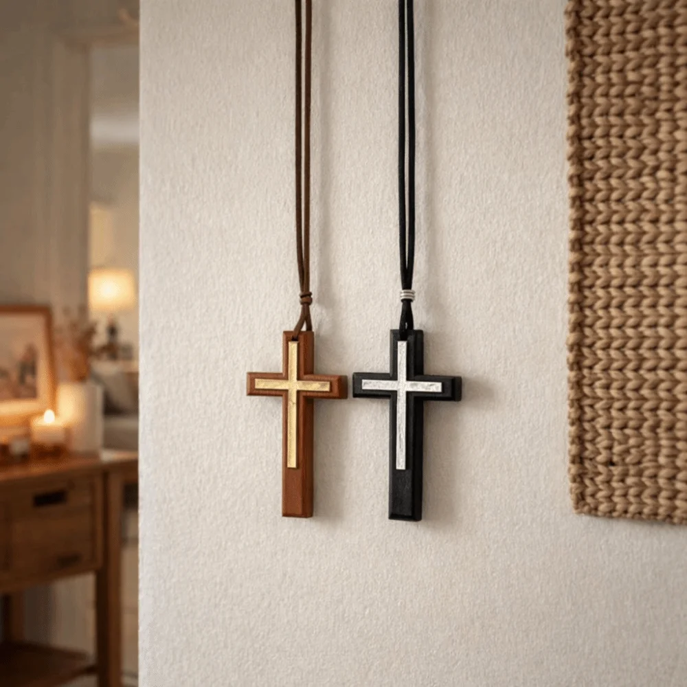 Handmade Wooden Cross Pendant Blessing Cross Collar Rope Choker Chain Unisex Design Rear View Mirror Charm Car Interior Decor