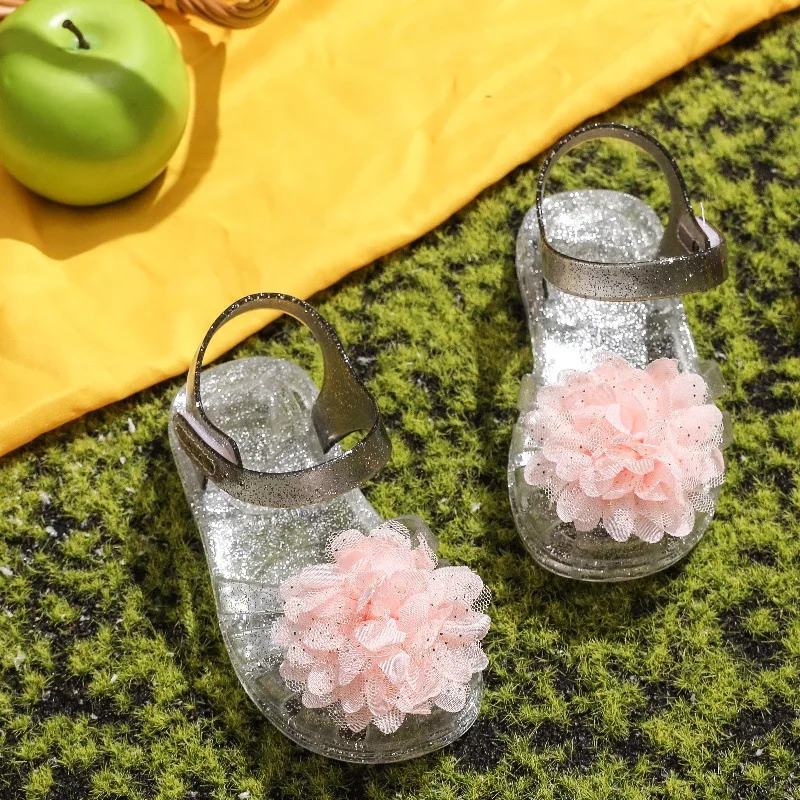 Girls Glitter Jelly PVC Flower Accessories Sandals Toddler Little Kids Buckle Closure Retro Woven Cut-Out Summer Beach Shoes - view 3