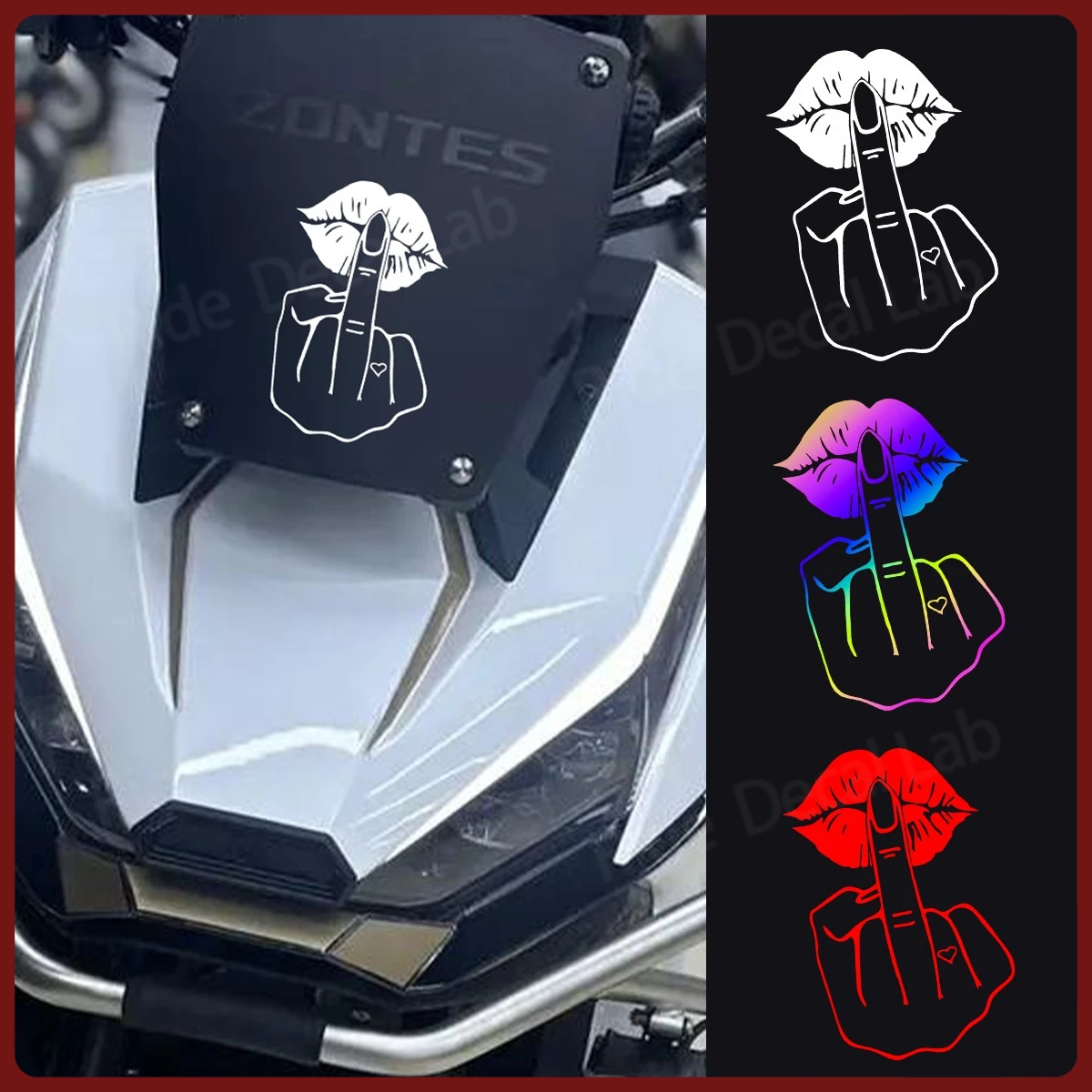 Lustiger reflektierender Aufkleber „Sexy Lips“ mit Mittelfinger-Motiv für Zontes 368G Motorradzubehör, dekorativer Vinyl-Aufkleber für die Vorderseite