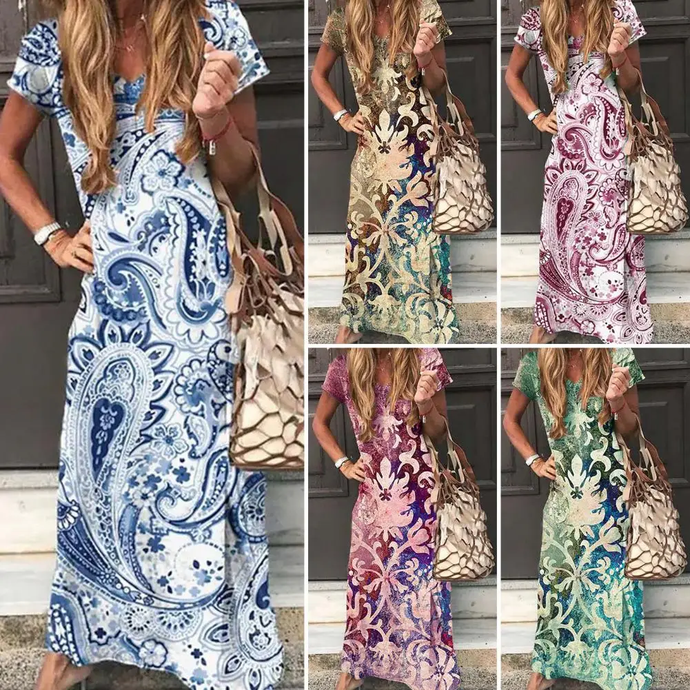 

Fashion Printed Loose Cover-ups Long Dress Women Elegant V Neck Beach Sundress Summer Bikini Casual Short Sleeve Party Sundress