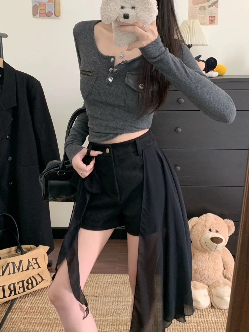 American retro spicy girl style patchwork ribbon high waisted casual pants autumn millennium spicy girl slim trend shorts emo