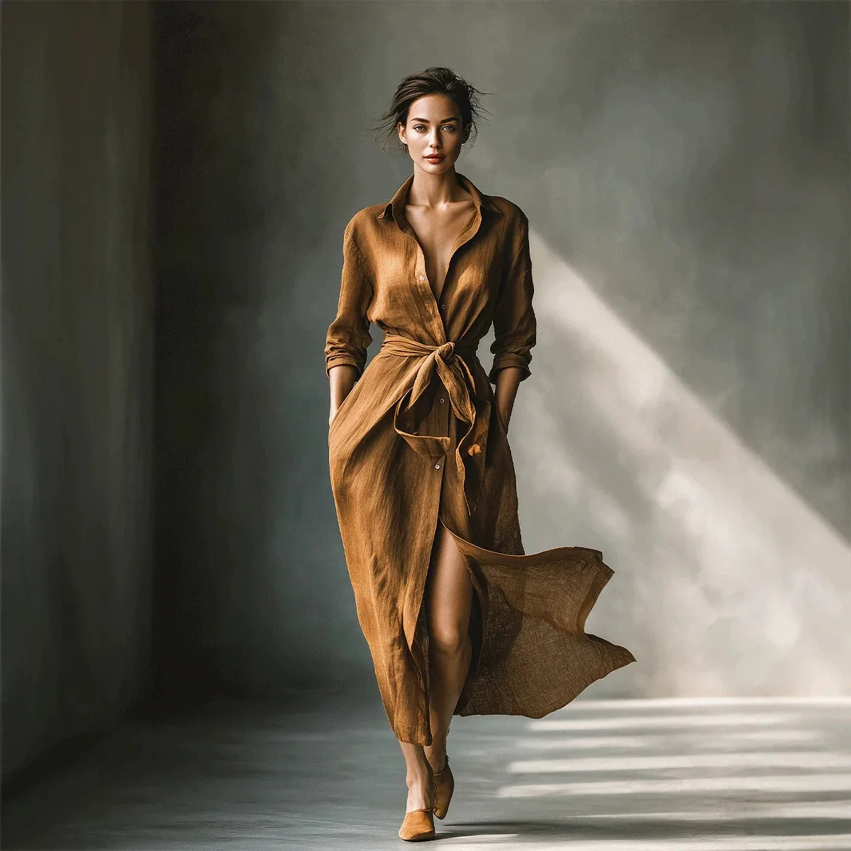 Affordable Long French Style Dress, Belted Waist and Flowy Long Silhouette, Trendy Outfit