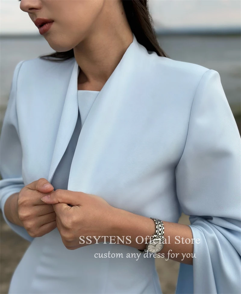 SSYTENS Simple Prom Dresses Long Cape Sleeves Customized Saudi Women Formal Occasions Party Dress Blue Elegant Evening Gowns