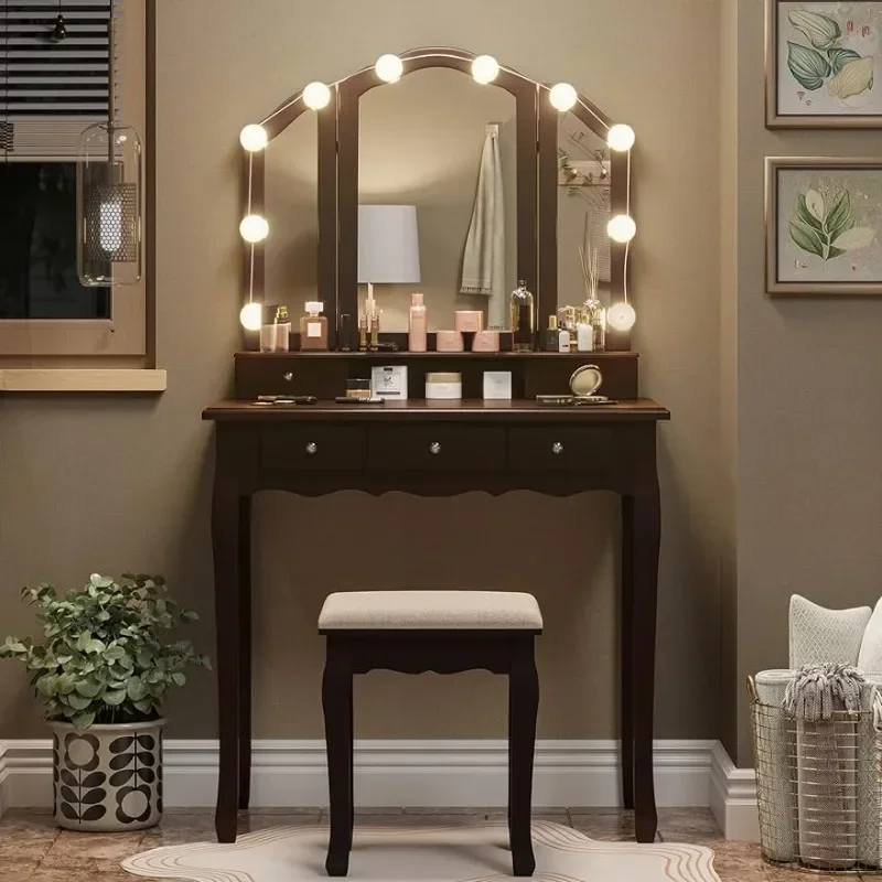 

Vanity Desk, Makeup Vanity Set with Lighted Mirror and Stool, Dressing Table with 5 Drawers, 3 Light Settings & Adjustable Brigh