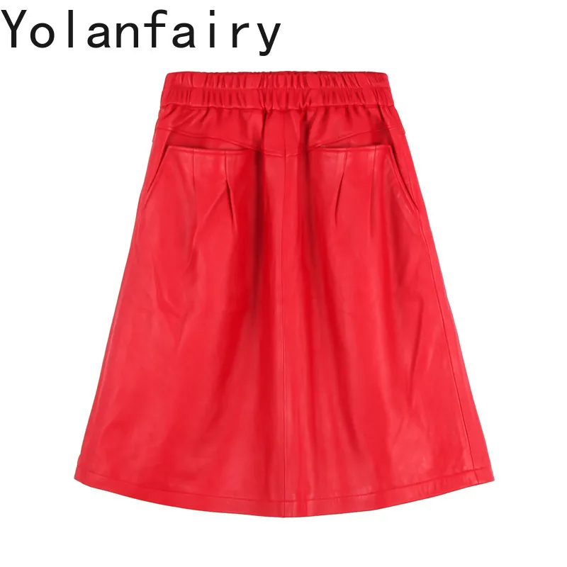 YOLANFAIRY Red Elastic Waist Women Sheepskin Leather A Line Midi Skirt 2026 New Autumn Winter Knee Length Genuine Leather Skirts