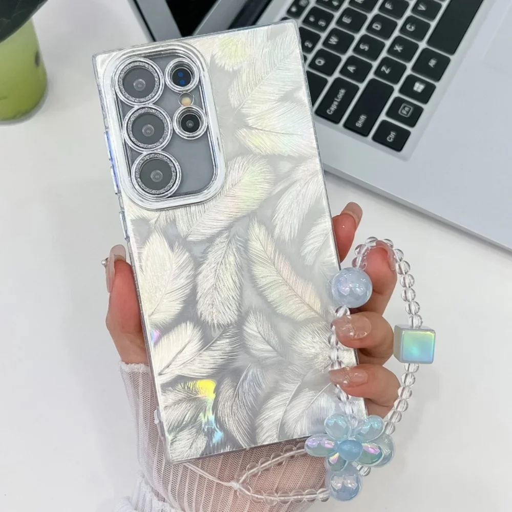 Luksusowe etui z laserowym gradientowym nadrukiem i brokatem do Samsunga S25 S24 S23 S22 Ultra Plus FE A55 A54 A35 A25 z kryształową bransoletką