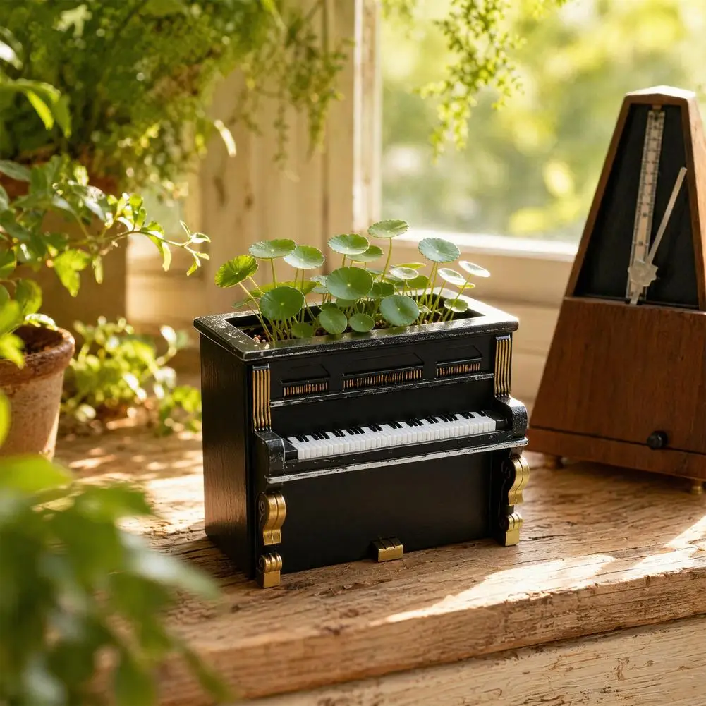 Artistic Plant Pot Retro Piano Planter Pot with Gold Trim Resin Flower Container Waterproof Desktop Home Decor Ornament Resin