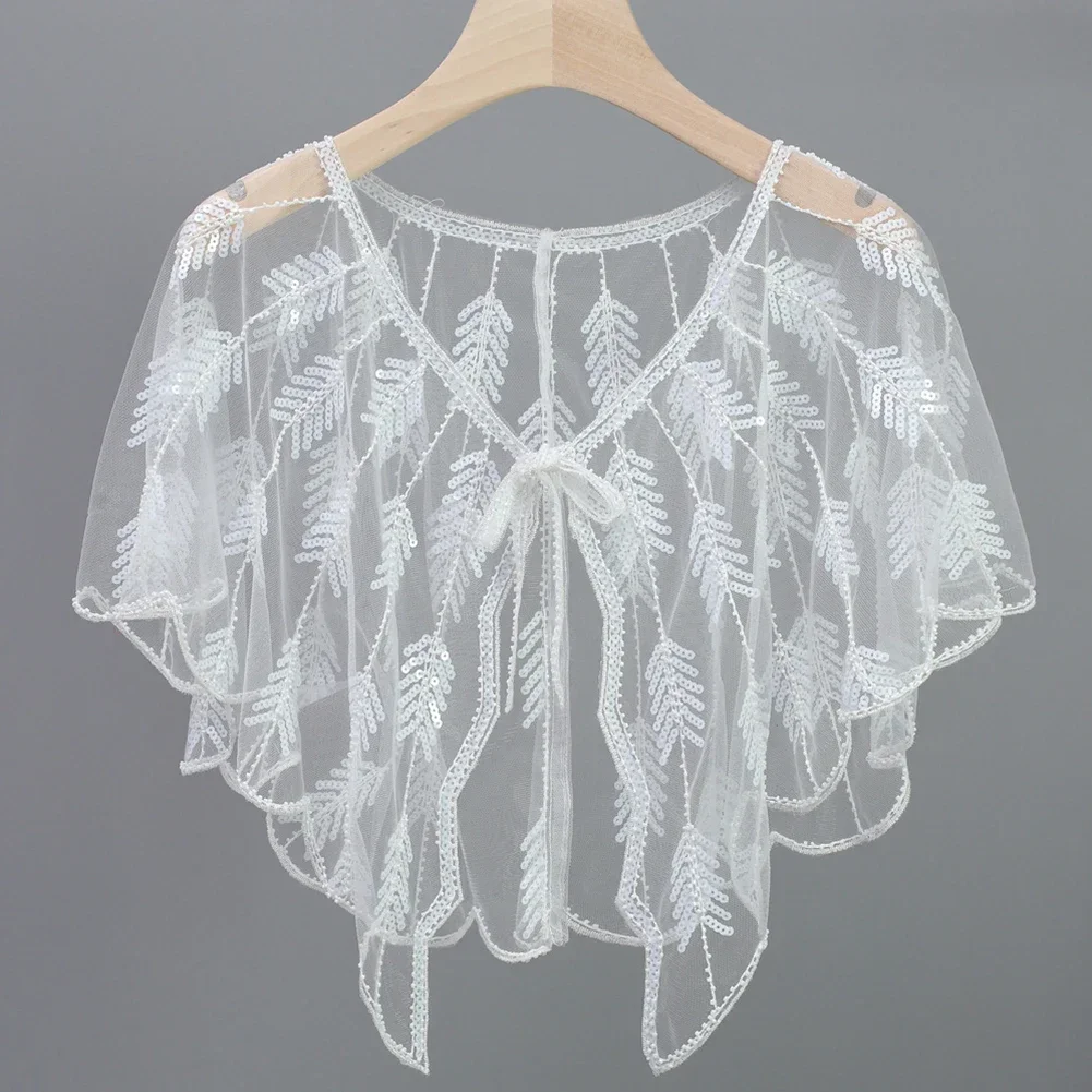 Women Retro 1920s Beaded Sequin Shawl Sheer Mesh Embroidery Leaf Bolero Party