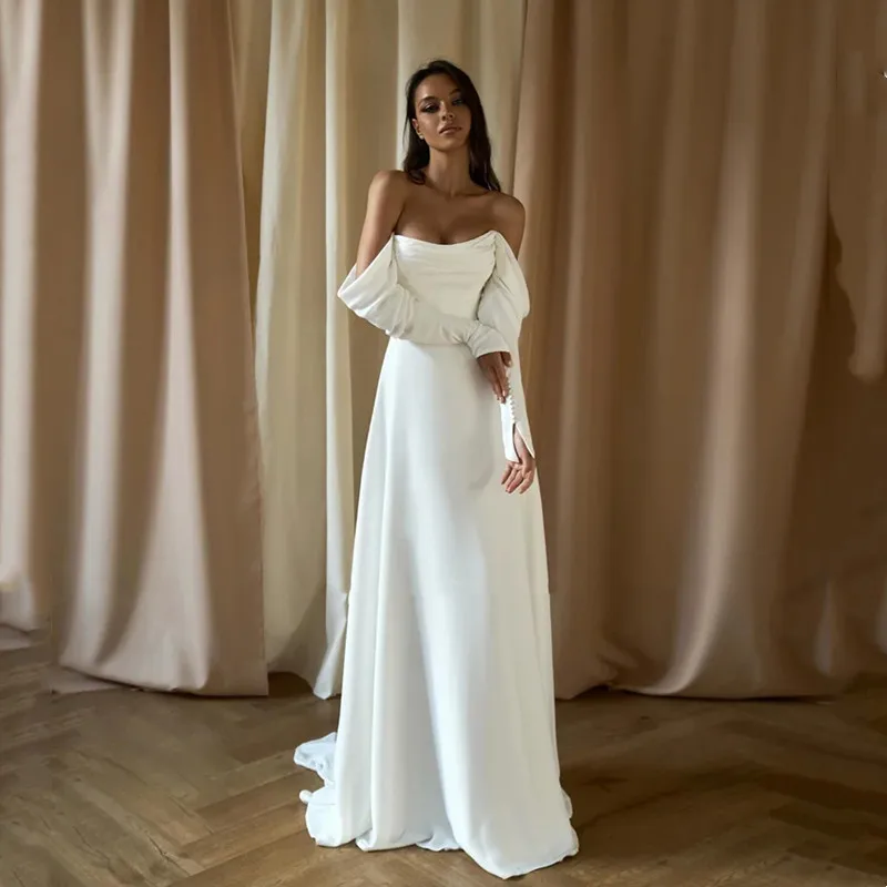 

Boho A-Line Ivory Wedding Dresse Satin Off The Shoulder Bridal Gown Sexy Strapless Vestido de Novia 2024 Open Back Sweep Train