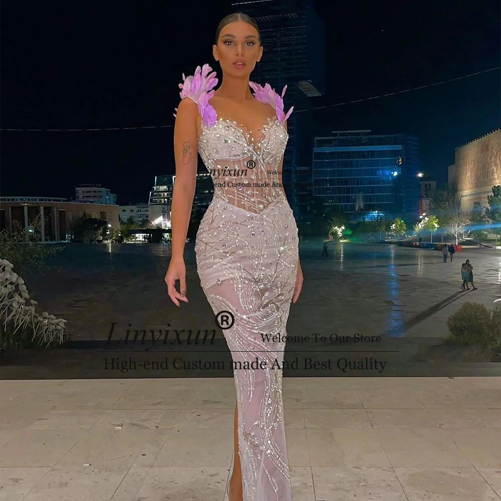 Elegant Rhinestone Prom Dresses 2025 Bodycon Mermaid Illusion Wedding Party Gowns Customized Feather Shoulder vestido madrinha