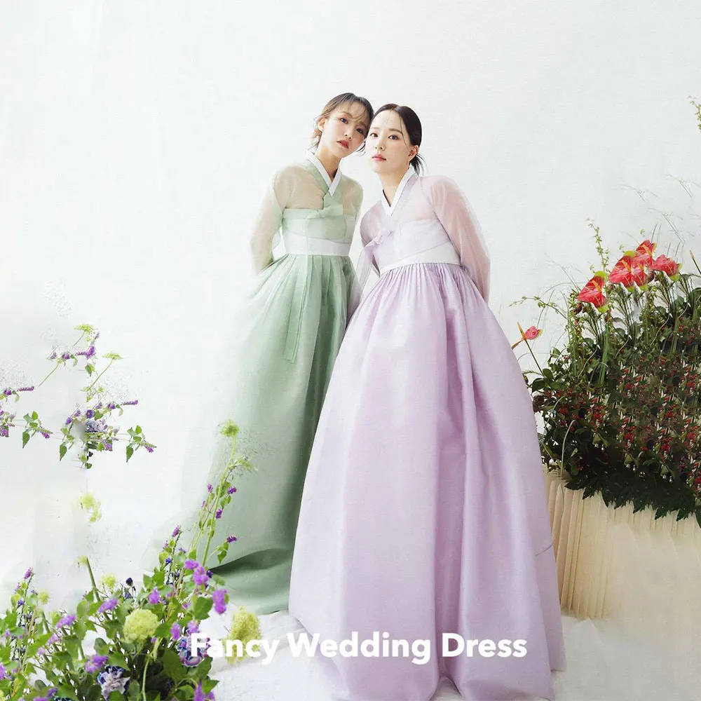 

Fancy Korea Traditional V Neck Wedding Dress Photo Shoot 2pcs A Line Bridal Gown Floor Length Back Zip 웨딩드레스 Custom Made