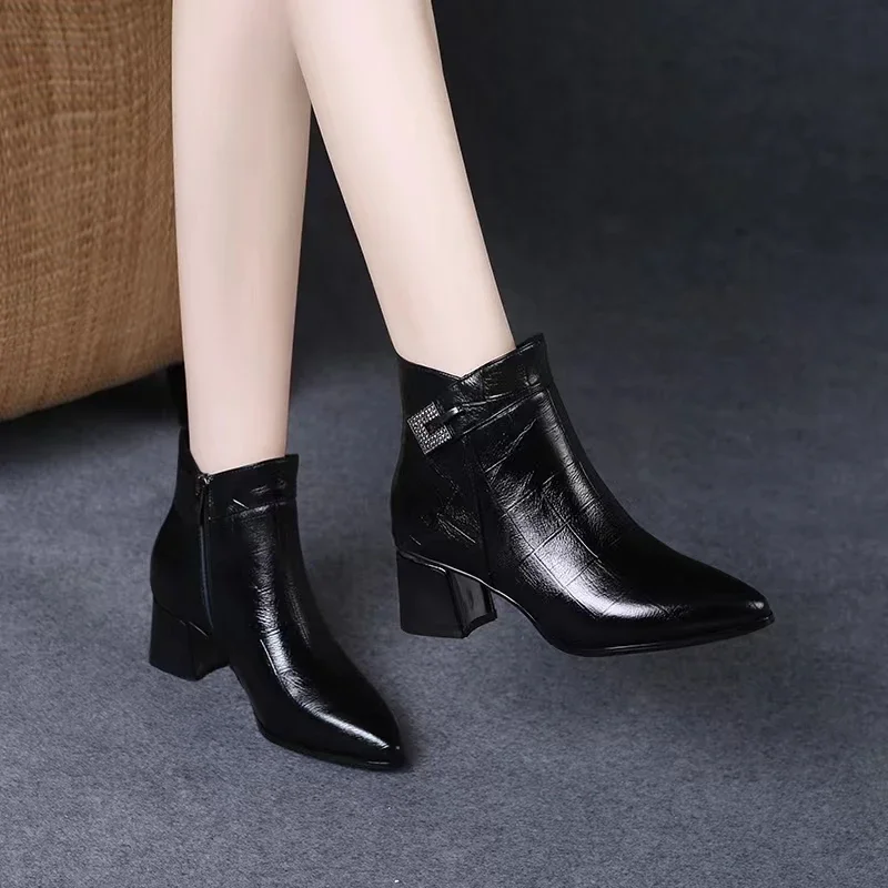 Women Autumn Winter Boots Women Shoes Pure Color Booties Drill Buckle Strap Square Heel Single Shoes Outdoor Warm Shoes