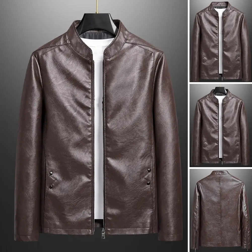 Zipper Closure Men Jacket Stand-up Collar Men Jacket Stylish Men's Imitation Leather Windbreaker Jacket with Stand for Men