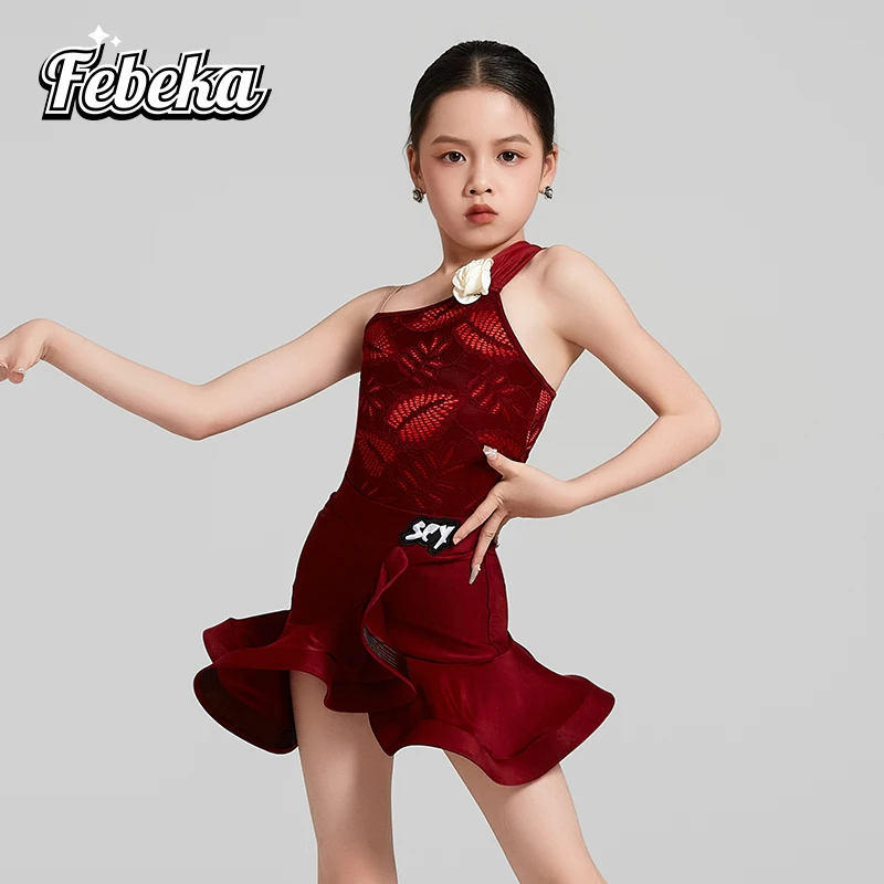 

Платье для латинских танцев по индивидуальному заказу, платье для тренировок на бретелях, высококачественный костюм для девочек, топ и юбка, комплект из 2 предметов, красная румба