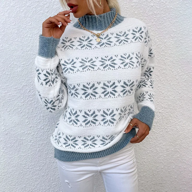 

2023 Autumn/Winter New Women's Knitwear Half Turtleneck Christmas Snowflake Sweater Blouse Christmas Sweaters Pullover