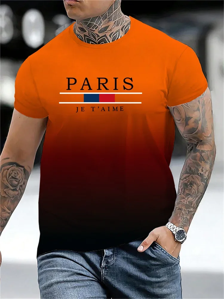 Men's 3D T-shirt summer loose size Paris letter pattern printed casual and comfortable round neck short sleeved T-shirt top