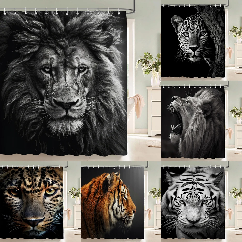 

Leopard Tiger Shower Curtain Forest Animals Bathroom Polyester Fabric Home Bath Decor Accessories Hanging Curtains with Hooks