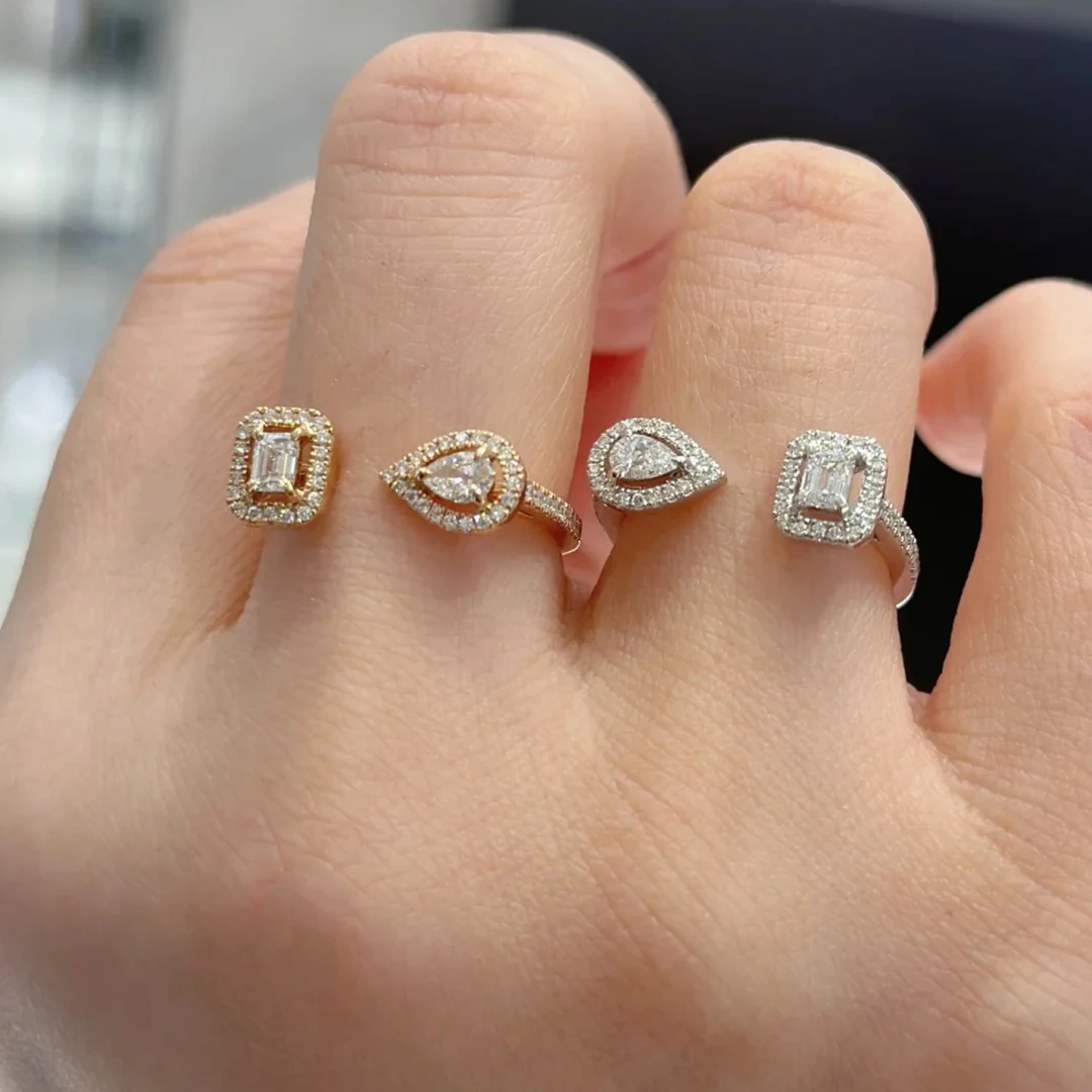 خاتم زفاف نسائي من الفضة الإسترليني عيار 925 مطلي بالذهب على شكل قطرة الماء بفتحة مربعة من الألماس بالكامل.