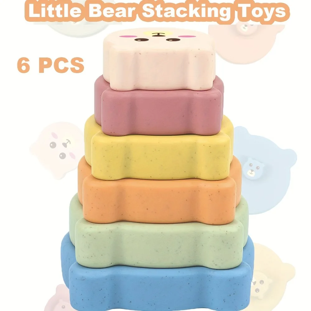 6Pcs/Set Bear Stacking Toy, Early Learning Classified Stacking Soft Rubber Blocks for Indoor Beach Bath Play, Educational Toy