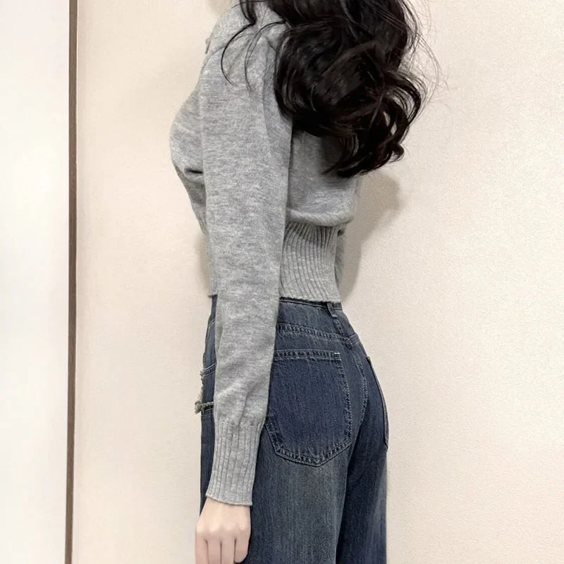 SMVP coréen Chic col rabattu pulls femme gris coupe ajustée à manches longues recadrée pull pour femme Streetwear tricot pulls