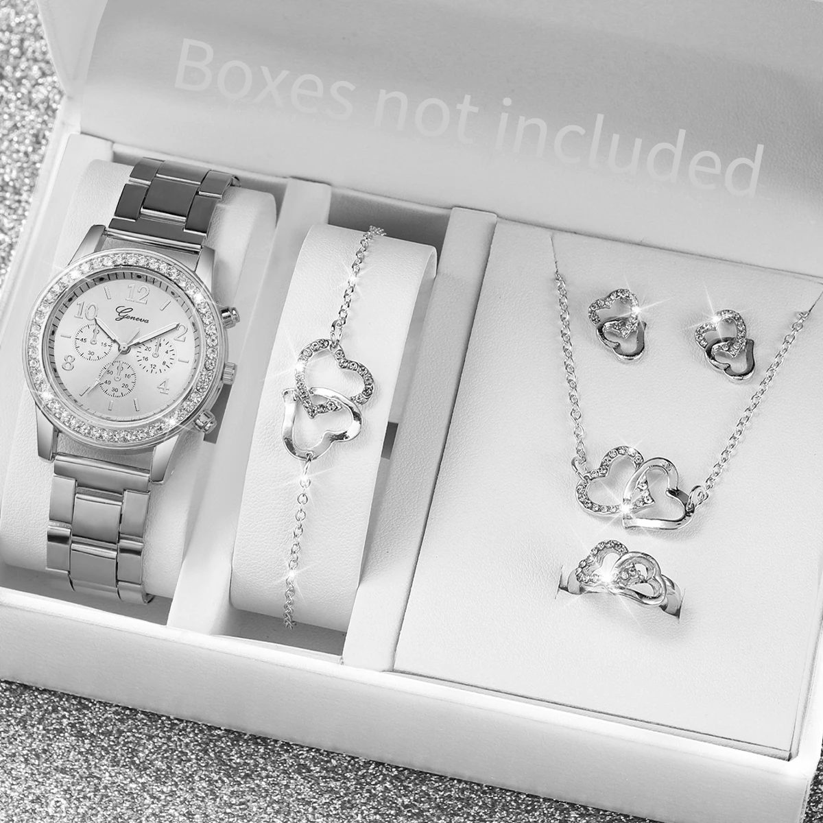 6PCS/Women's Watch Fashion Diamond Steel Strap Quartz Watch Double Heart Jewelry Set (No Box)