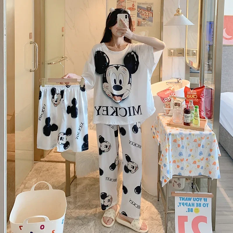 Disney New Mickey Mouse Three-Piece Pajamas Silk Women's Casual and Lightweight Breathable Cool Cute Cartoon Home Pajamas