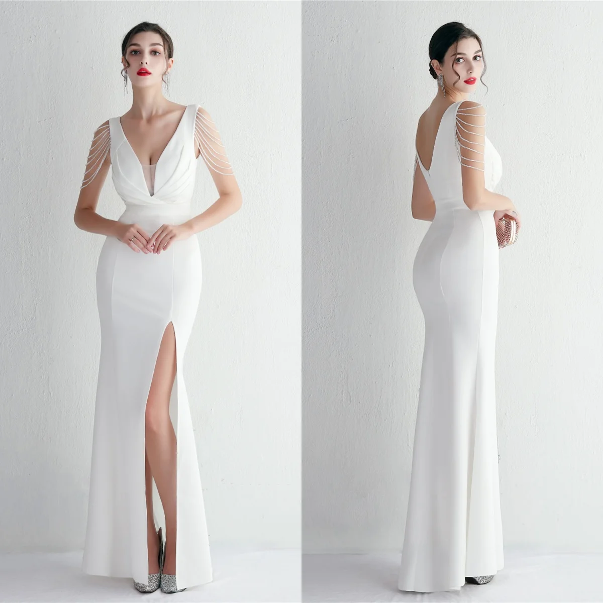 

Evening Dress White Stretchy V-neck Sleeveless Beads Pleat Zipper Mermaid Trumpet Floor Length Slit Women Party Formal Gowns