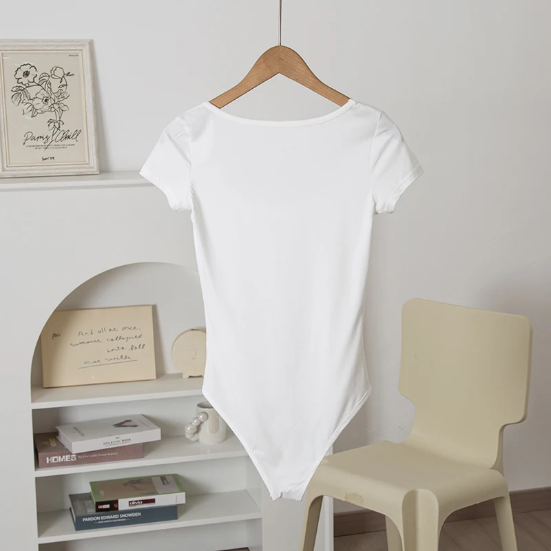 Women Casual Sexy Slim Beach Vacation Jumpsuit Bodycone Short Sleeve Round Neck Bodysuit Seamless Clubwear Basic Shirt Blouses